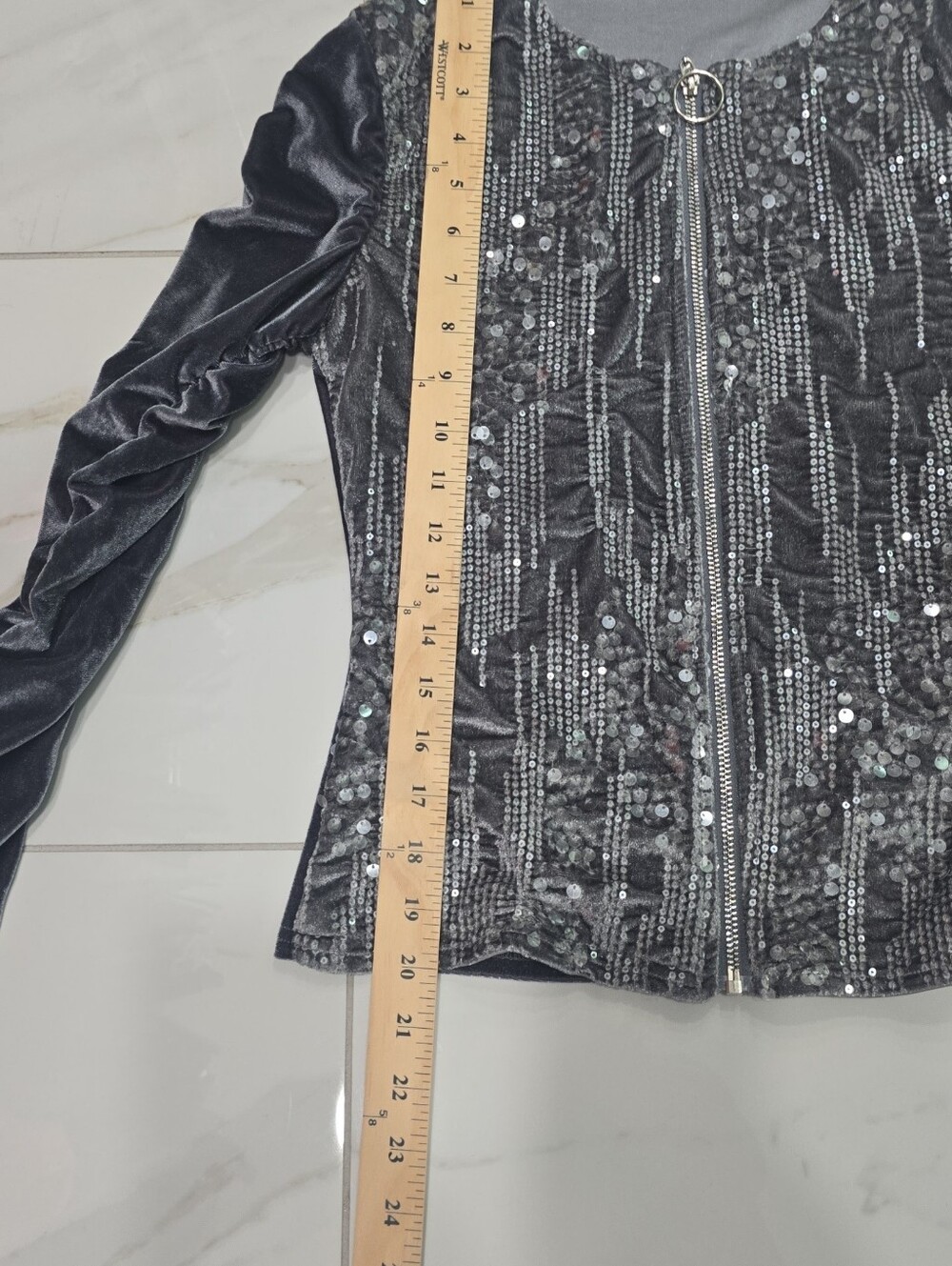 CHICME Gray Velvet Sequin Ruched Zip Up Jacket Y2K Glam S - Picture 10 of 11